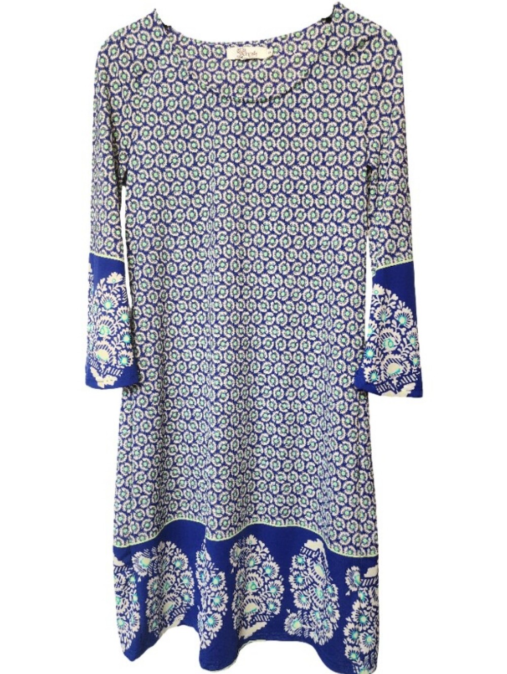 Aryeh Blue Geometric Paisley Shift Dress 3/4 Bell Sleeve Boho Coastal S